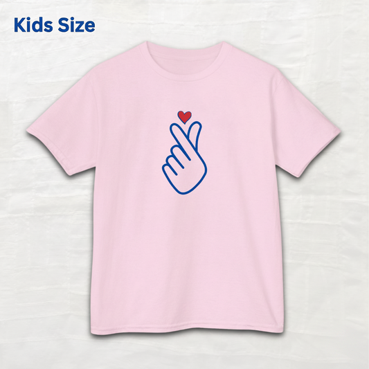 Finger heart Korean saranghaeyo I love you K-pop Hallyu K-wave fan kids t-shirt pink flatlay by Kjota