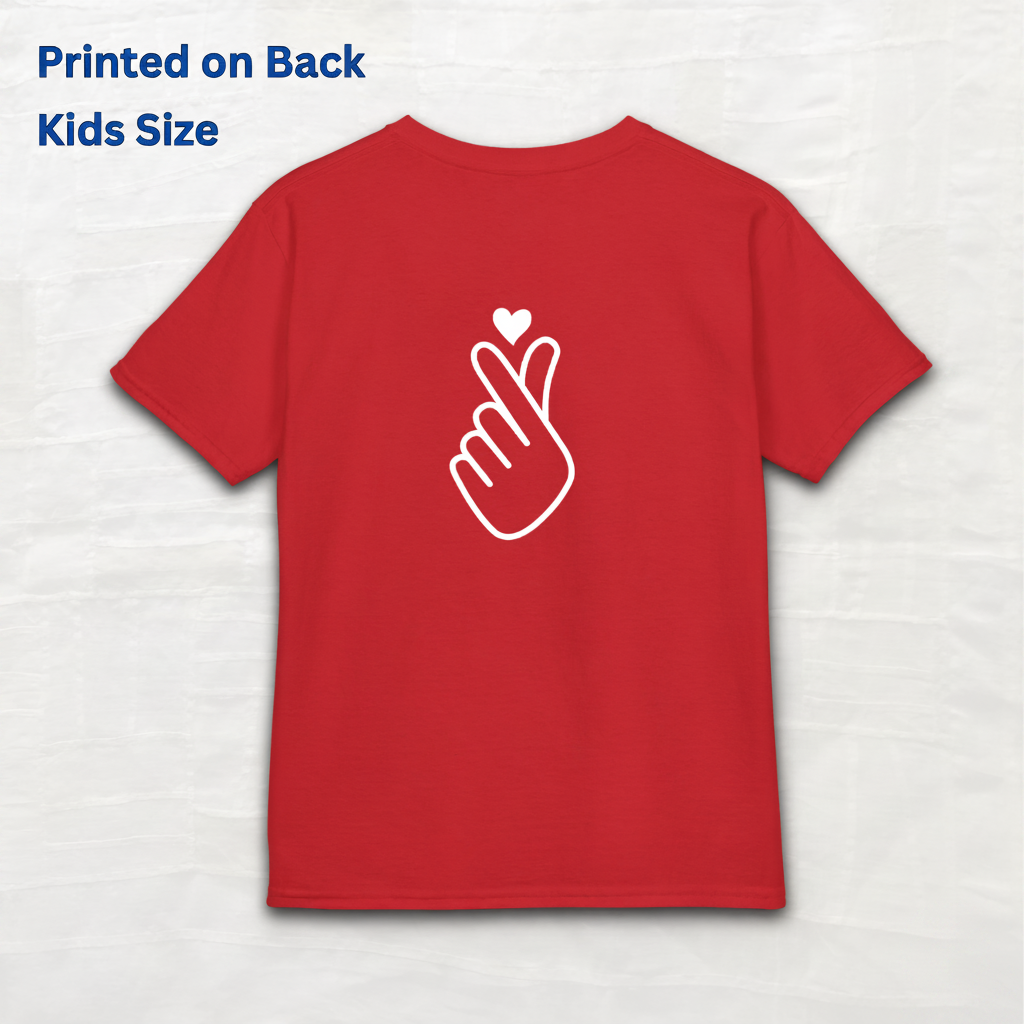 Finger heart Korean saranghaeyo I love you K-pop Hallyu K-wave fan kids t-shirt red backside flatlay by Kjota