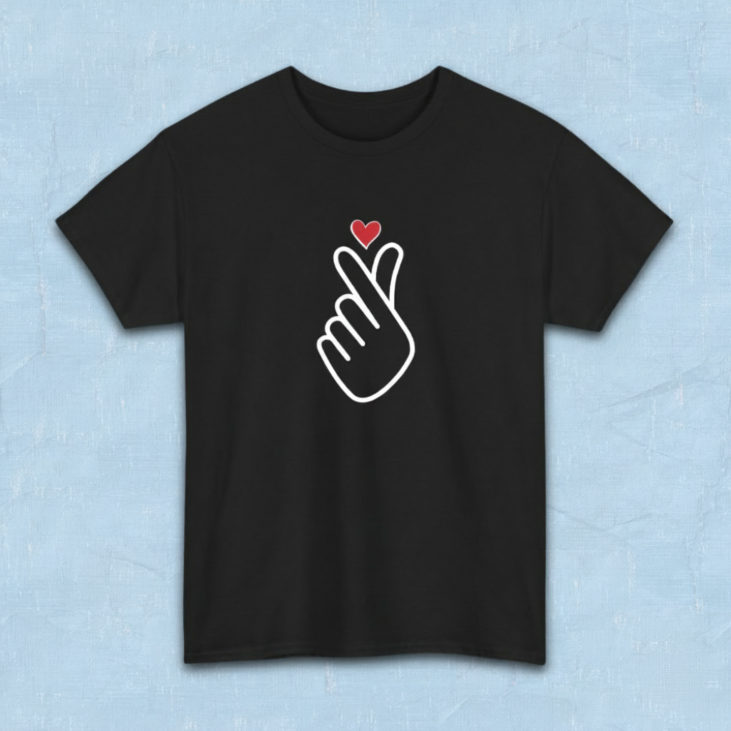 Finger heart Korean saranghaeyo I love you K-pop Hallyu K-wave fan t-shirt black flatlay by K-Jota
