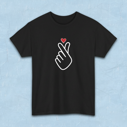 Finger heart Korean saranghaeyo I love you K-pop Hallyu K-wave fan t-shirt black flatlay by K-Jota