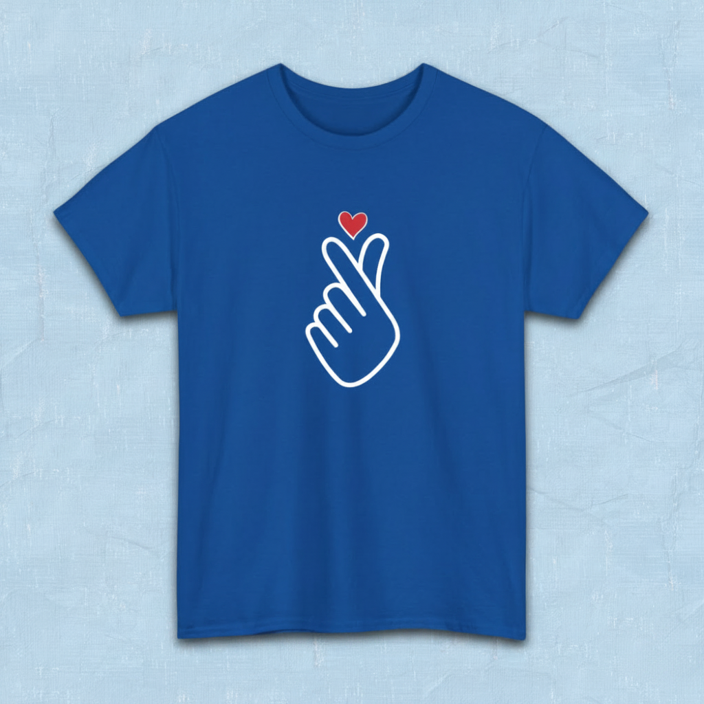 Finger heart Korean saranghaeyo I love you K-pop Hallyu K-wave fan t-shirt blue flatlay by K-Jota