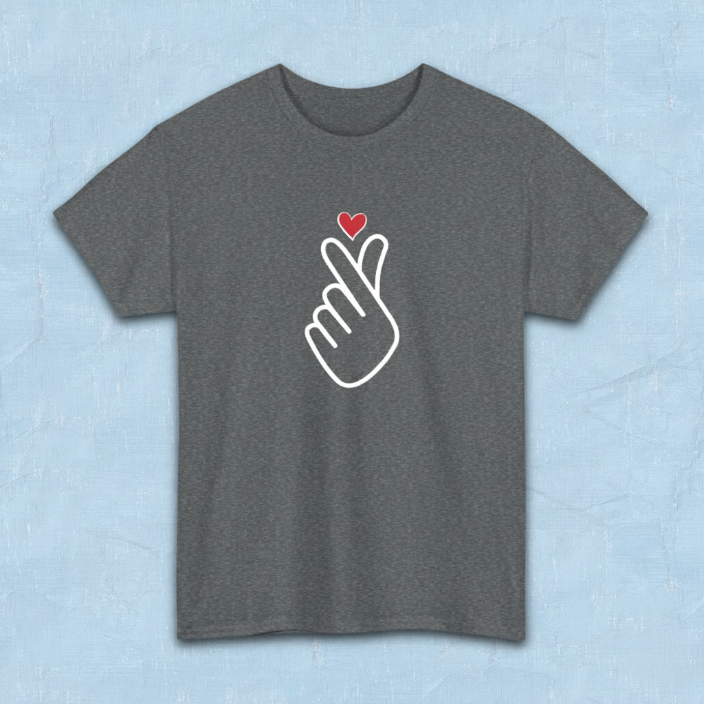 Finger heart Korean saranghaeyo I love you K-pop Hallyu K-wave fan t-shirt gray flatlay by K-Jota