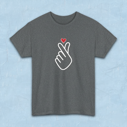 Finger heart Korean saranghaeyo I love you K-pop Hallyu K-wave fan t-shirt gray flatlay by K-Jota