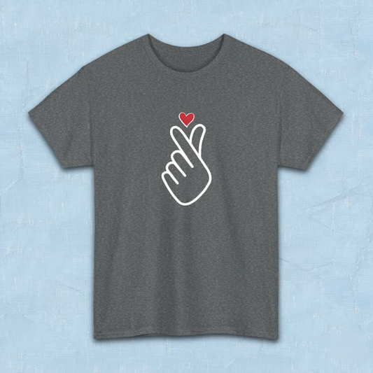 Finger heart Korean saranghaeyo I love you K-pop Hallyu K-wave fan t-shirt gray flatlay by K-Jota
