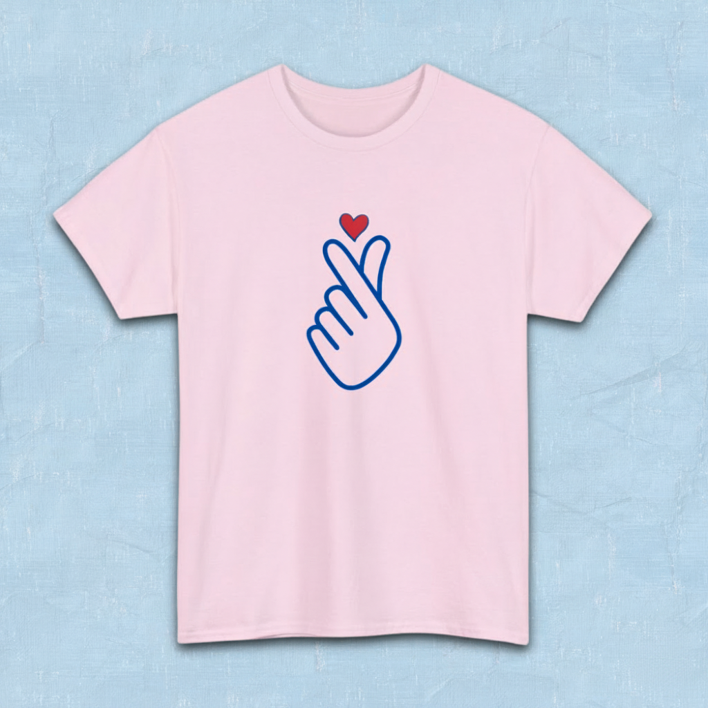 Finger heart Korean saranghaeyo I love you K-pop Hallyu K-wave fan t-shirt pink flatlay by K-Jota