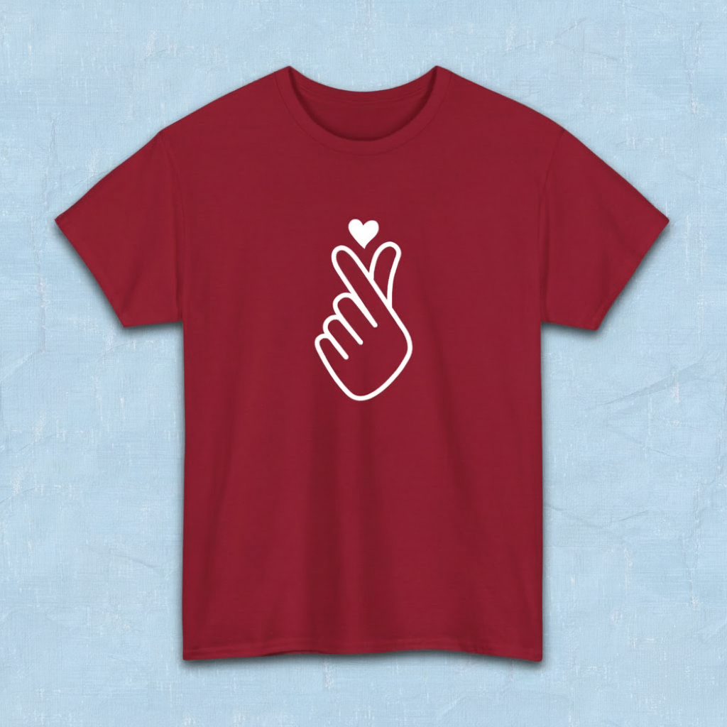 Finger heart Korean saranghaeyo I love you K-pop Hallyu K-wave fan t-shirt red flatlay by K-Jota