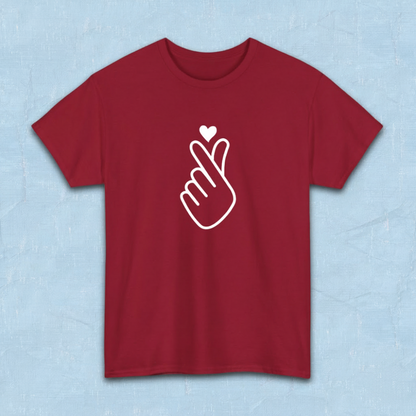 Finger heart Korean saranghaeyo I love you K-pop Hallyu K-wave fan t-shirt red flatlay by K-Jota
