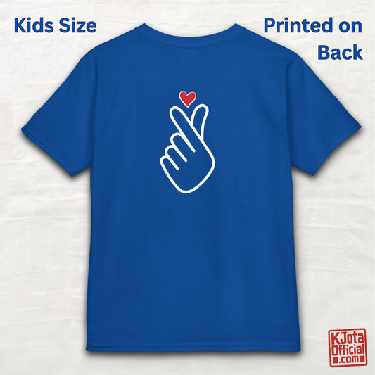 Finger heart Korean saranghaeyo I love you K-pop K-wave fan kids t-shirt blue backside flatlay by K-Jota