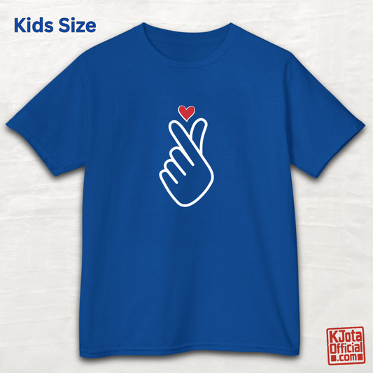 Finger heart Korean saranghaeyo I love you K-pop K-wave fan kids t-shirt blue flatlay by K-Jota