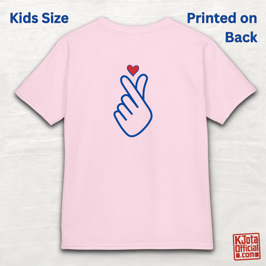 Finger heart Korean saranghaeyo I love you K-pop K-wave fan kids t-shirt pink backside flatlay by K-Jota