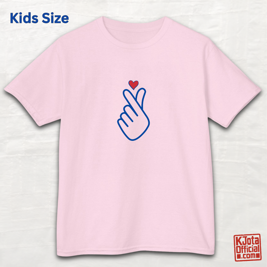 Finger heart Korean saranghaeyo I love you K-pop K-wave fan kids t-shirt pink flatlay by K-Jota