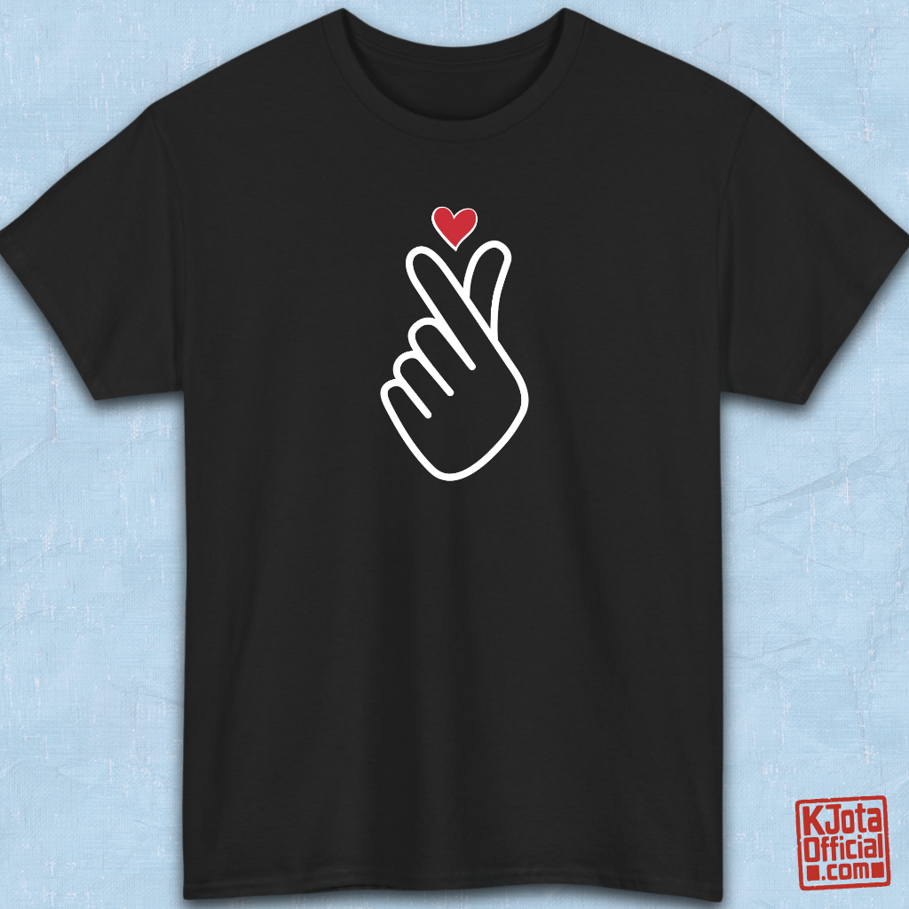 Finger heart Korean saranghaeyo I love you K-pop K-wave fan t-shirt black flatlay by K-Jota
