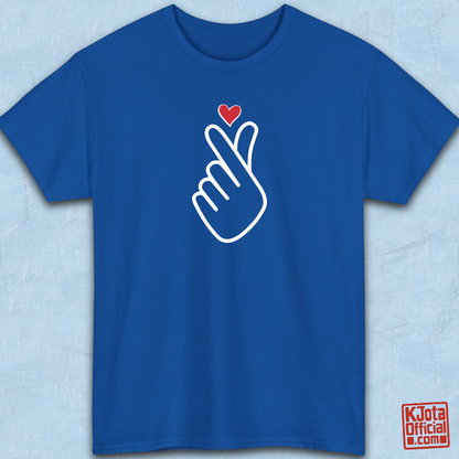 Finger heart Korean saranghaeyo I love you K-pop K-wave fan t-shirt blue flatlay by K-Jota