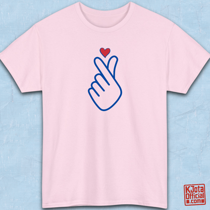 Finger heart Korean saranghaeyo I love you K-pop K-wave fan t-shirt pink flatlay by K-Jota