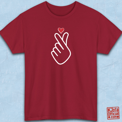 Finger heart Korean saranghaeyo I love you K-pop K-wave fan t-shirt red flatlay by K-Jota