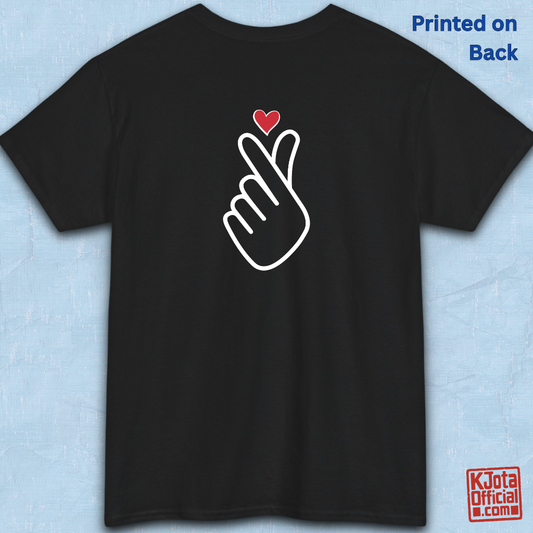 Finger heart Korean saranghaeyo I love you K-pop K-wave fan t-shirt black backside flatlay by K-Jota