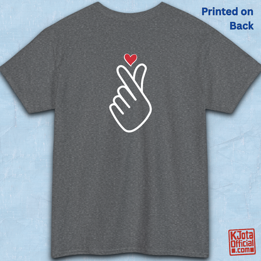 Finger heart Korean saranghaeyo I love you K-pop K-wave fan t-shirt gray backside flatlay by K-Jota