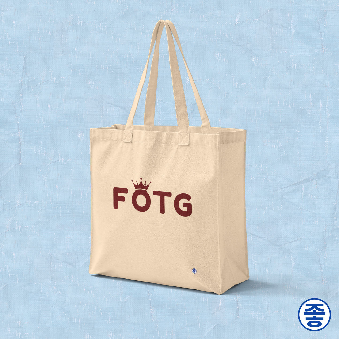 FOTG Face of the Group K-Pop fan beige canvas tote bag for photocard trading events by Kjota