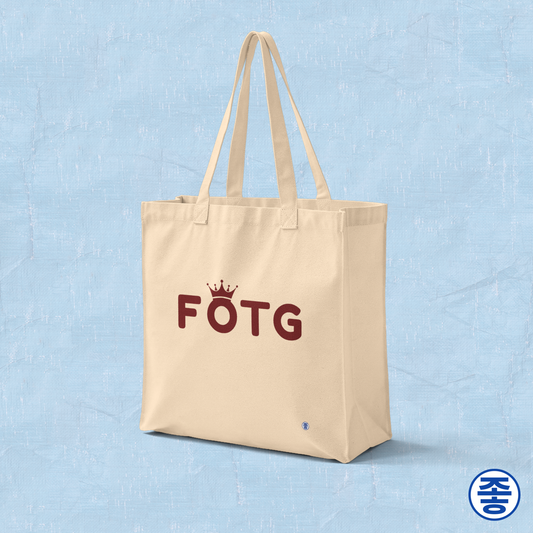 FOTG Face of the Group K-Pop fan beige canvas tote bag for photocard trading events by Kjota