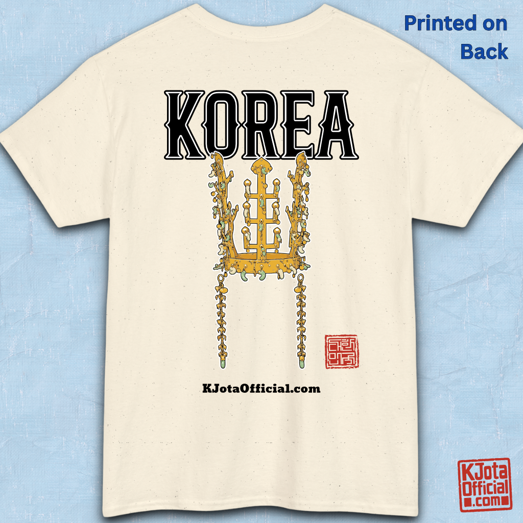 image of gold crown from Korea’s Silla dynasty printed on beige t-shirt backside flatlay by K-Jota