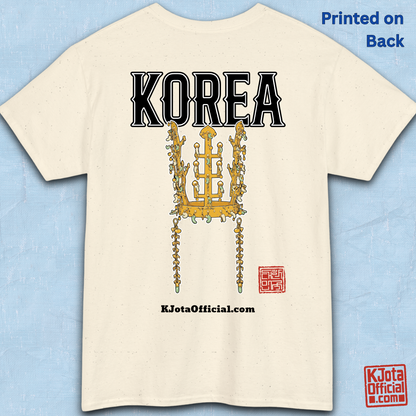 image of gold crown from Korea’s Silla dynasty printed on beige t-shirt backside flatlay by K-Jota