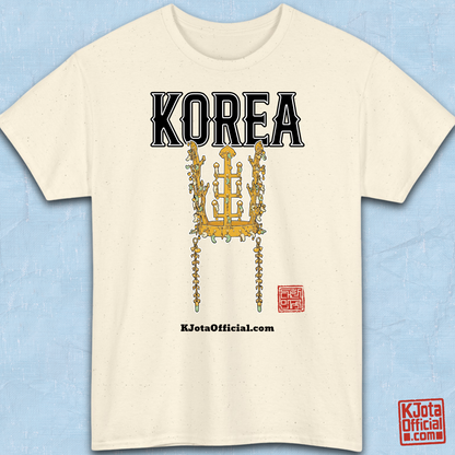 image of gold crown from Korea’s Silla dynasty printed on beige t-shirt flatlay by K-Jota