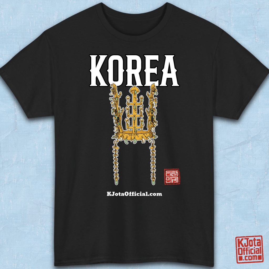 image of gold crown from Korea’s Silla dynasty printed on black t-shirt flatlay by K-Jota