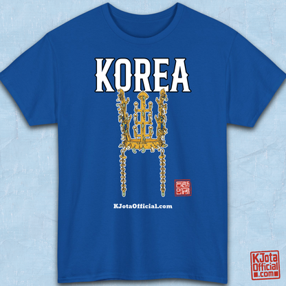 image of gold crown from Korea’s Silla dynasty printed on blue t-shirt flatlay by K-Jota