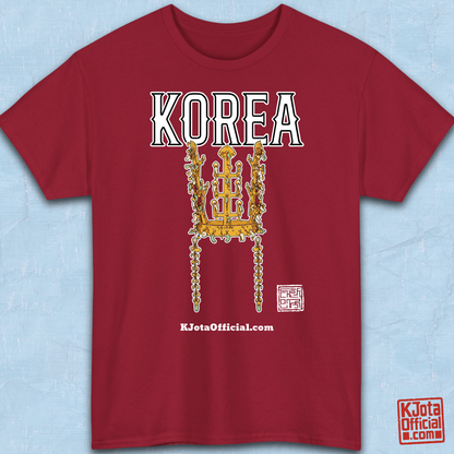 image of gold crown from Korea’s Silla dynasty printed on red t-shirt flatlay by K-Jota