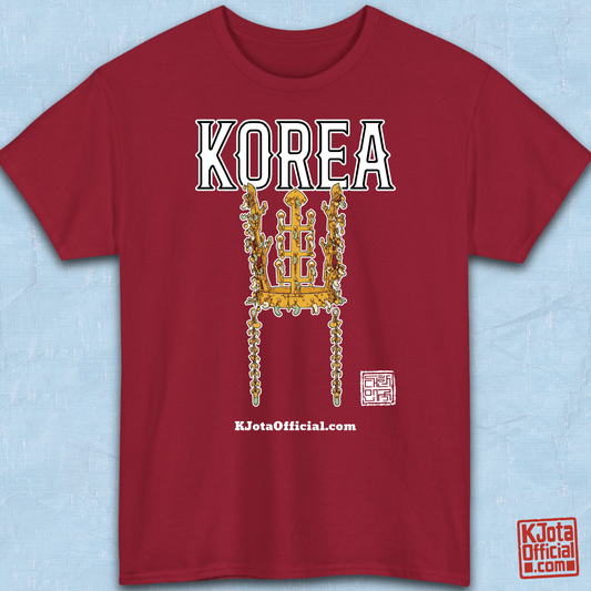 image of gold crown from Korea’s Silla dynasty printed on red t-shirt flatlay by K-Jota