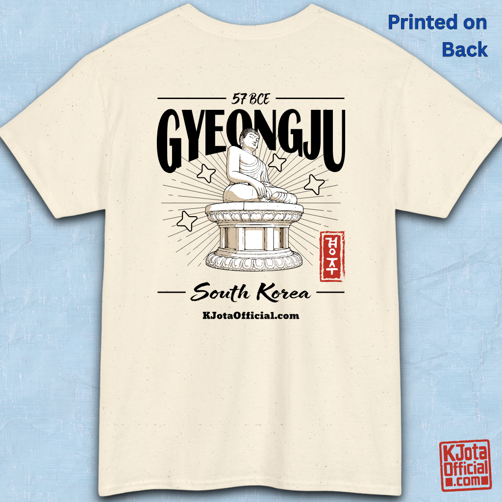 Gyeongju 57 BCE South Korea beige t-shirt featuring the historic Seokguram Buddha graphic, backside flatlay by K-Jota