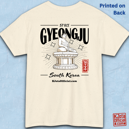 Gyeongju 57 BCE South Korea beige t-shirt featuring the historic Seokguram Buddha graphic, backside flatlay by K-Jota