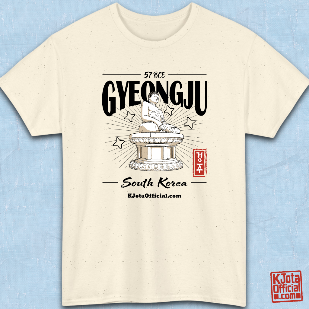 Gyeongju 57 BCE South Korea beige t-shirt featuring the historic Seokguram Buddha graphic, front flatlay by K-Jota