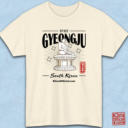 Gyeongju 57 BCE South Korea beige t-shirt featuring the historic Seokguram Buddha graphic, front flatlay by K-Jota