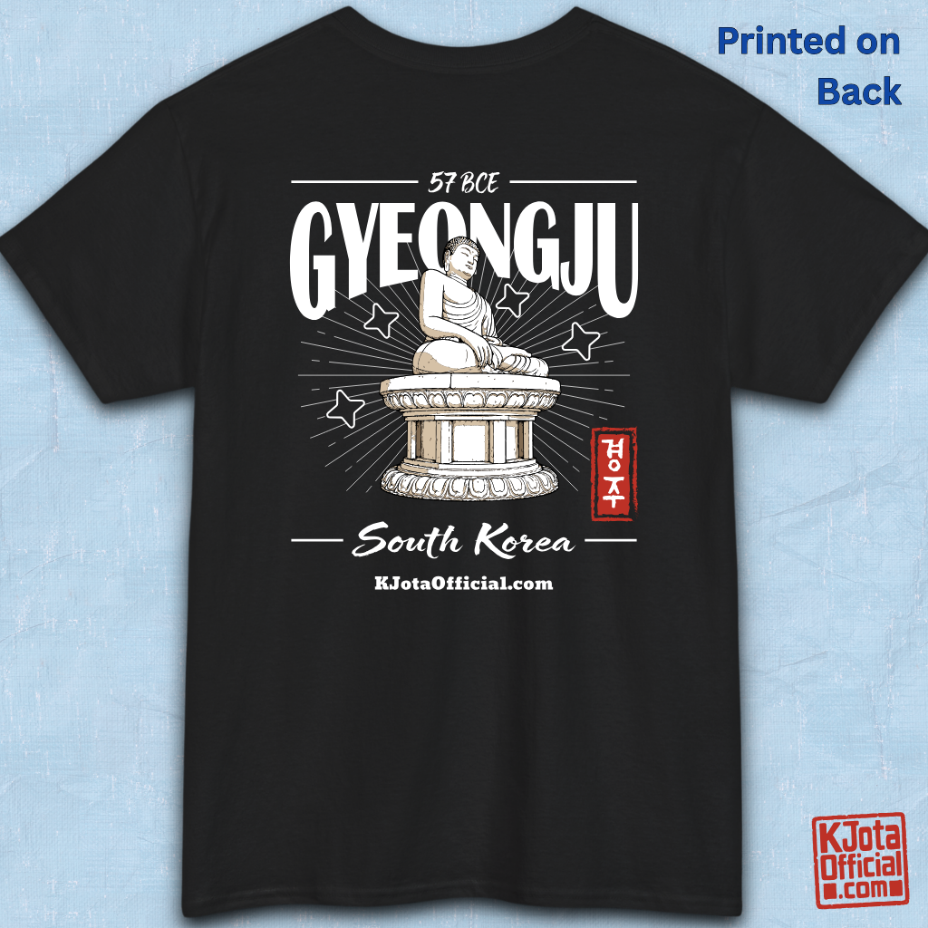 Gyeongju 57 BCE South Korea black t-shirt featuring the historic Seokguram Buddha graphic, backside flatlay by K-Jota