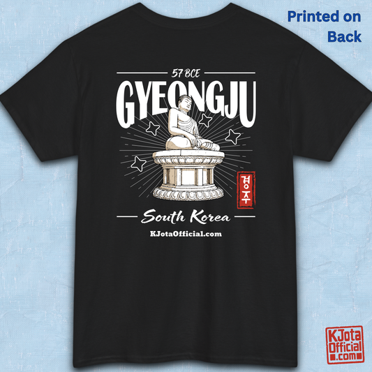 Gyeongju 57 BCE South Korea black t-shirt featuring the historic Seokguram Buddha graphic, backside flatlay by K-Jota