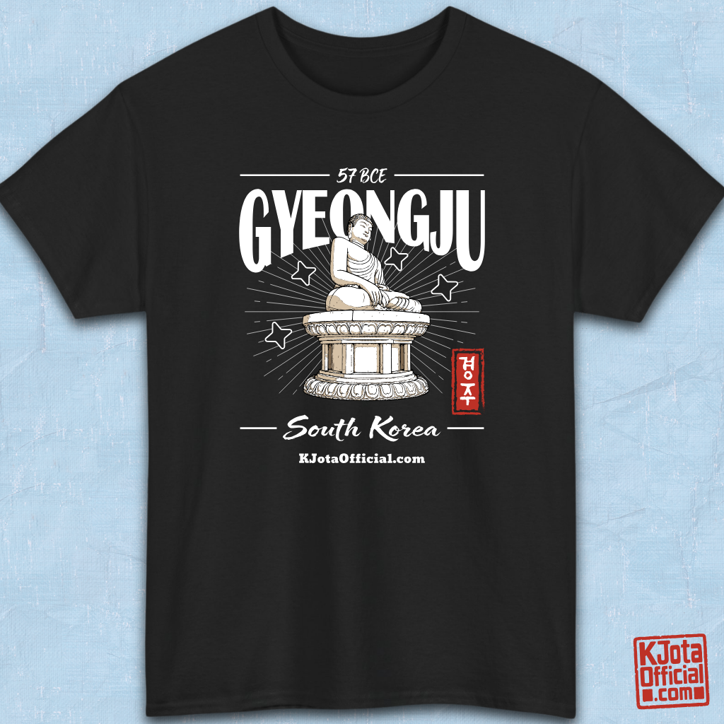 Gyeongju 57 BCE South Korea black t-shirt featuring the historic Seokguram Buddha graphic, front flatlay by K-Jota
