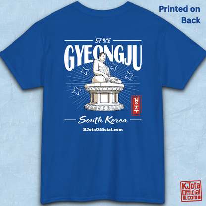 Gyeongju 57 BCE South Korea blue t-shirt featuring the historic Seokguram Buddha graphic, backside flatlay by K-Jota