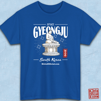 Gyeongju 57 BCE South Korea blue t-shirt featuring the historic Seokguram Buddha graphic, front flatlay by K-Jota