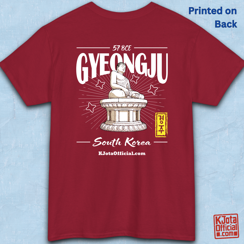 Gyeongju 57 BCE South Korea red t-shirt featuring the historic Seokguram Buddha graphic, bakside flatlay by K-Jota