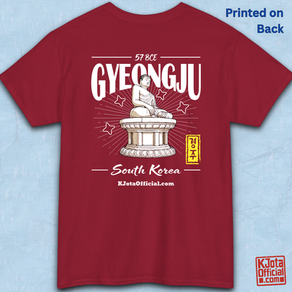Gyeongju 57 BCE South Korea red t-shirt featuring the historic Seokguram Buddha graphic, bakside flatlay by K-Jota