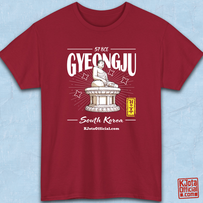 Gyeongju 57 BCE South Korea red t-shirt featuring the historic Seokguram Buddha graphic, front flatlay by K-Jota