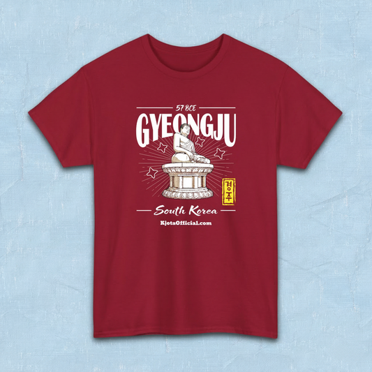 Gyeongju Seokguram Buddha graphic red t-shirt, flat lay product photo, South Korea 57 BCE vintage design by Kjota