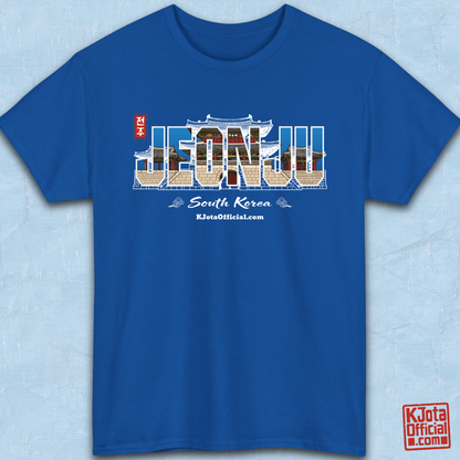 Jeonjuseong1 Fortress Pungnammun Gate history graphic with text overlay on blue t-shirt flatlay. Korea travel t-shirt handcrafted by K-Jota