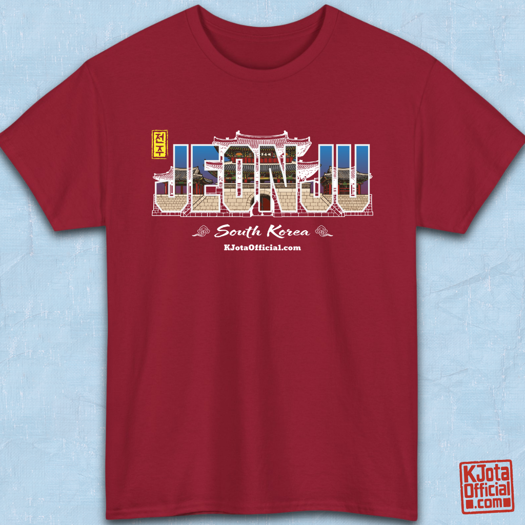 Jeonjuseong1 Fortress Pungnammun Gate history graphic with text overlay on red t-shirt flatlay. Korea travel t-shirt handcrafted by K-Jota