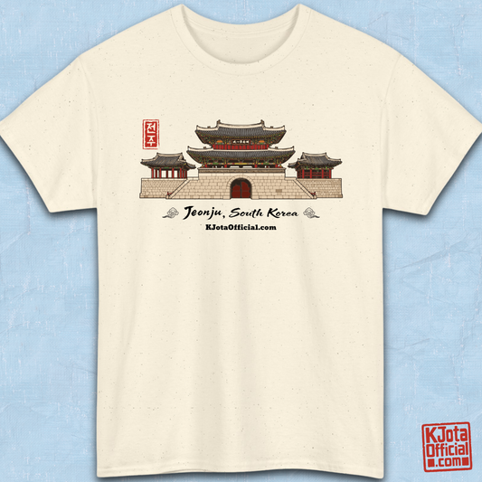 Jeonjuseong2 Fortress Pungnammun Gate graphic on beige t-shirt flatlay. Korea travel t-shirt handcrafted design by K-Jota