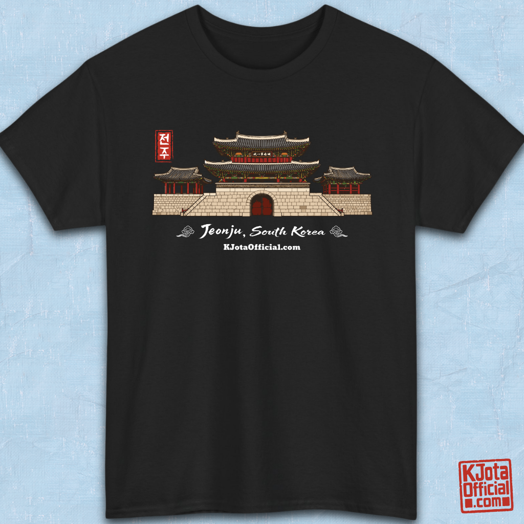 Jeonjuseong2 Fortress Pungnammun Gate graphic on black t-shirt flatlay. Korea travel t-shirt handcrafted design by K-Jota