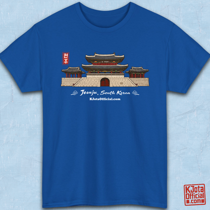 Jeonjuseong2 Fortress Pungnammun Gate graphic on blue t-shirt flatlay. Korea travel t-shirt handcrafted design by K-Jota