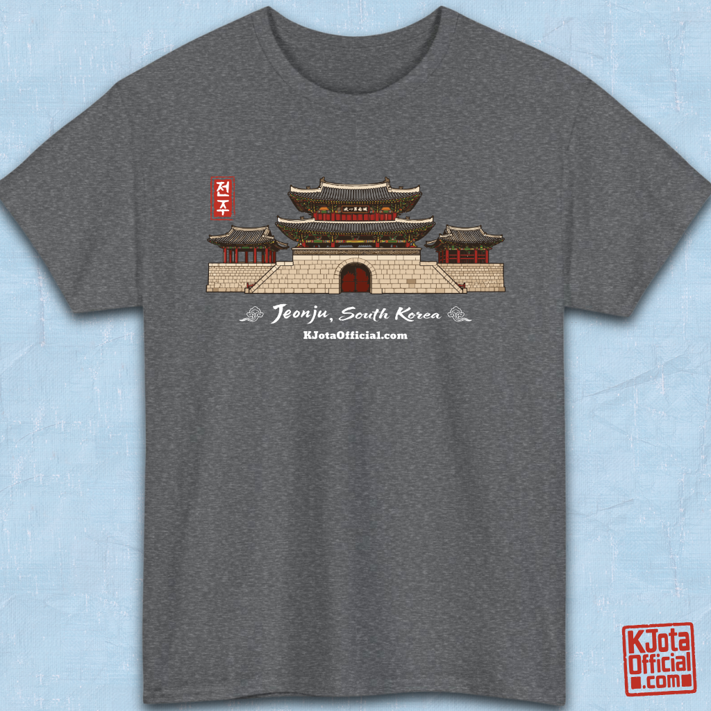 Jeonjuseong2 Fortress Pungnammun Gate graphic on gray t-shirt flatlay. Korea travel t-shirt handcrafted design by K-Jota