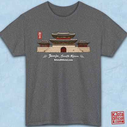 Jeonjuseong2 Fortress Pungnammun Gate graphic on gray t-shirt flatlay. Korea travel t-shirt handcrafted design by K-Jota